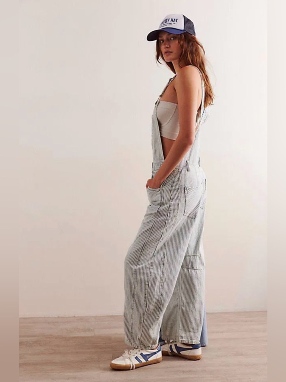 New Free People Good Luck Barrel Railroad Striped Overalls Small